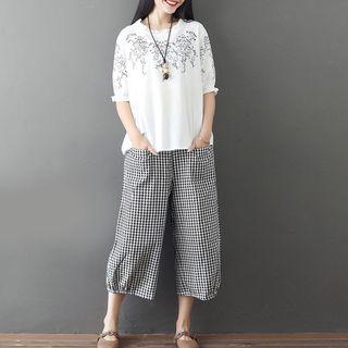 Set : Embroidered Short-sleeve T Shirt + Plaid Wide-leg Pants