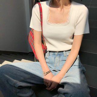 Lace Trim Square-neck Short-sleeve Knit Top