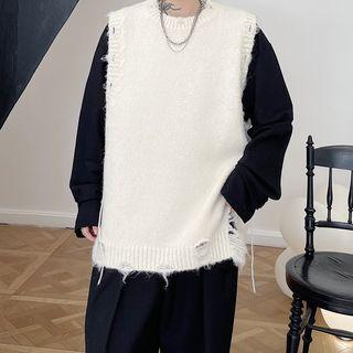 Contrast Trim Distressed Hem Knit Vest
