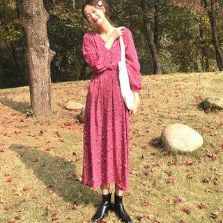 Long-sleeve Midi Floral A-line Dress Rose Pink - One Size