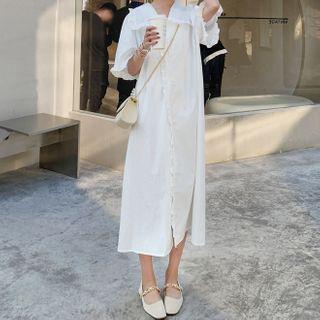 Short-sleeve Plain Ruffle Trim Midi A-line Shirtdress