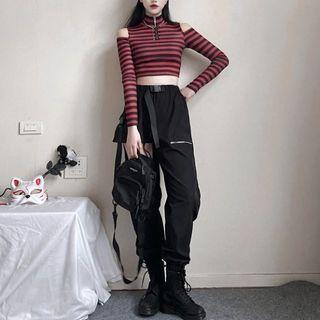 Cold-shoulder Striped Crop T-shirt / Buckled Baggy Pants