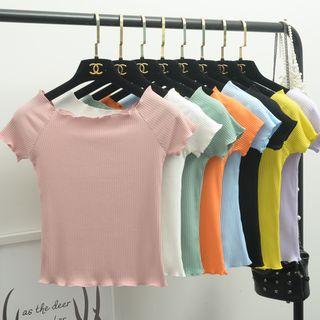 Off-shoulder Lettuce Edge Short-sleeve Rib-knit Top