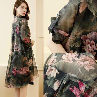 Set: Elbow-sleeve Floral Print Long Shirt + Spaghetti Strap Dress