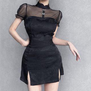 Short-sleeve Mesh Panel Mini Bodycon Qipao