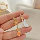 Sterling Silver Asymmetrical Cat Drop Earring 1 Pair - Tangerine & White - One Size