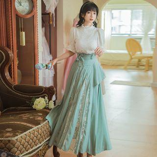 Set: Short-sleeve Ruffle Trim Blouse + High Waist Lace Pleated Skirt