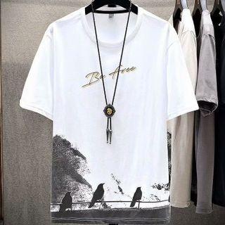 Short-sleeve Round Neck Bird Print Lettering T-shirt