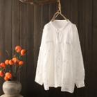 Stand Collar Embroidered Long-sleeve Blouse White - One Size