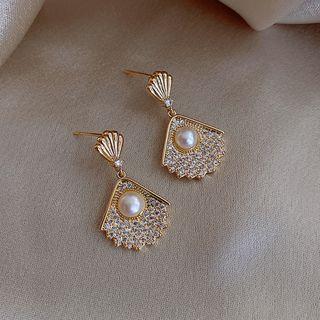 Fan Rhinestone Faux Pearl Dangle Earring 1 Pair - Dangle Earring - Silver - Rhinestone - Faux Pearl - Fan - Gold - One Size