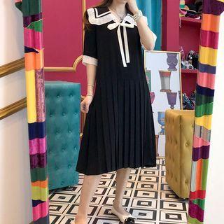 Short-sleeve Sailor-collar Pleated Midi Dress