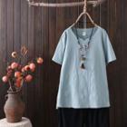 Short-sleeve Embroidered Frog-button T-shirt