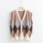 Argyle Single-breasted Sweater Vest Vest - Khaki - One Size