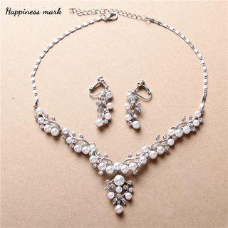 Bridal Set: Faux-pearl Rhinestone Pendant Necklace + Drop Earring