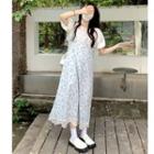 Sleeveless Lace Trim Floral Midi A-line Dress / Short-sleeve Plain Top