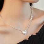 Heart Faux Cat Eye Stone Pendant Alloy Necklace Xl1300 - Silver - One Size