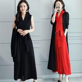 Set: Sleeveless Tie Waist Wide-leg Jumpsuit + Open Front Long Jacket