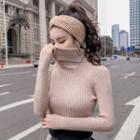 Turtleneck Long-sleeve Knit Top Khaki - One Size
