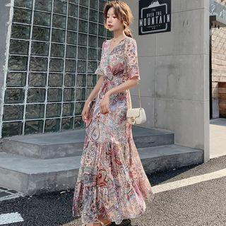 Flared-sleeve Paisley Print Maxi A-line Dress