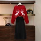 Deer Pattern Sweater / Midi Accordion Pleat Skirt / Set