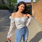 Zip-back Shirred Floral Crop Top