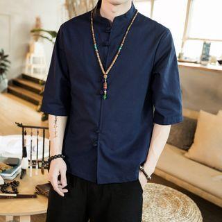 Elbow-sleeve Frog-buttoned Stand Collar Linen Shirt