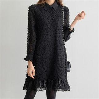 Half-placket Sheer-sleeve Textured Mini Shirtdress