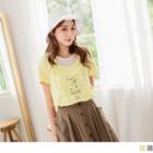 Mock Two Piece Giraffe Printing Short-sleeve Top