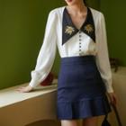 Long-sleeve Embroidered Contrast Collar Chiffon Blouse