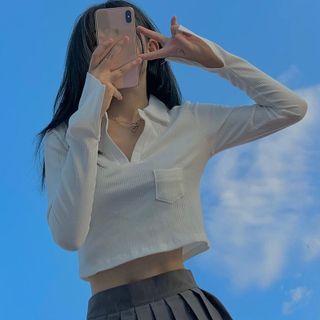 Long Sleeve Plain Polo Crop Knit Top