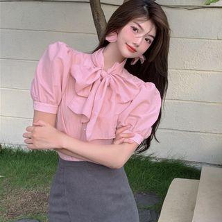 Puff-sleeve Bow-neck Blouse