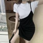 Set: Plain T-shirt + Sleeveless Loose-fit Dress As Shown In Figure - One Size