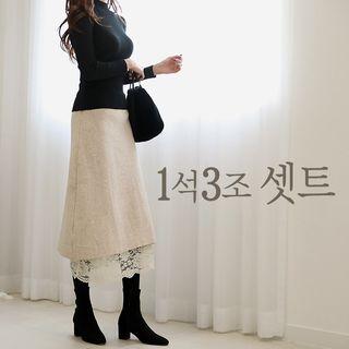 Set: Mock-neck Knit Top + Band-waist Laced Skirt