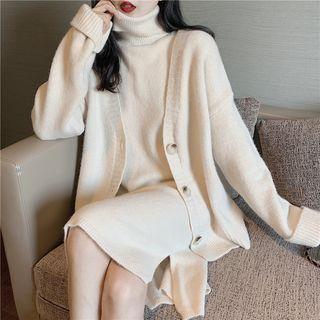 Plain Loose-fit Cardigan / Turtle Neck Sleeveless Knit Dress