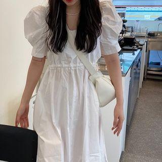 Plain Puff-sleeve Dress White - One Size
