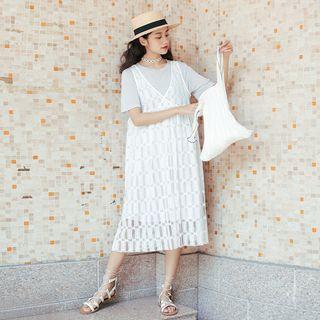 Set: Short-sleeve Long T-shirt + Lace Jumper Dress