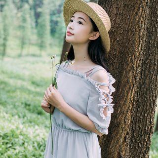 Short-sleeve Off Shoulder Maxi A-line Dress