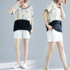 Short-sleeve Floral Printed Paneled T-shirt As Shown In Figure - One Size