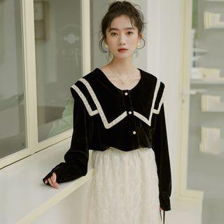 Contrast Trim Collared Blouse / Midi A-line Lace Skirt