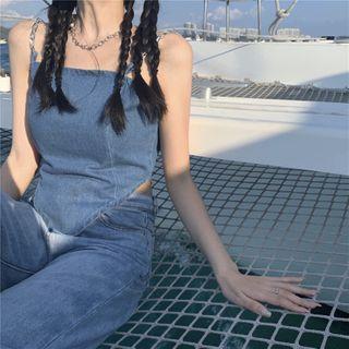 Sleeveless Chain Strap Denim Top Blue - One Size