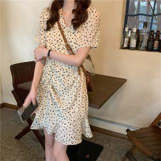 V-neck Drawstring Floral Dress Almond - One Size