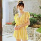 Set: Striped Bikini Top + Swimshorts + Sleeveless Ruffled Cover-up Playsuit