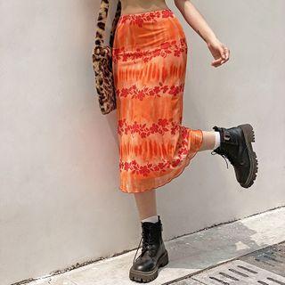 Floral Print Tie-dye Midi Pencil Skirt