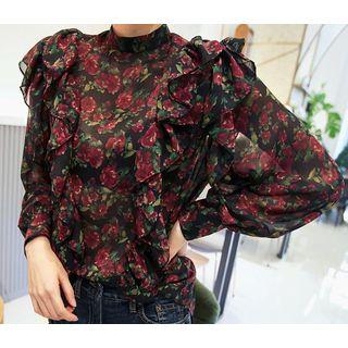 Mock-neck Flower Print Long-sleeve Top
