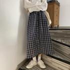 Plaid Midi A-line Skirt Navy Blue - One Size