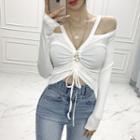 Drawstring Cut-out Shoulder Long-sleeve Crop Top