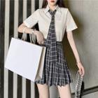 Tie-neck Short-sleeve Shirt / Plaid Pleated Mini A-line Skirt / Set