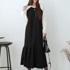 Contrast-raglan Ruffled Long T-shirt Dress