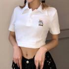 Short-sleeve Butterfly Embroidered Collared Cropped T-shirt