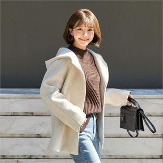 Hooded Wool Blend Buttoned Jacket